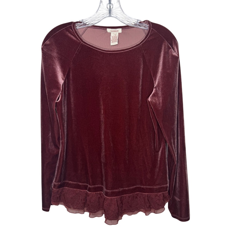 Sundance Velvet Lace Trim‎ Long Sleeve Top Burgundy Size Small